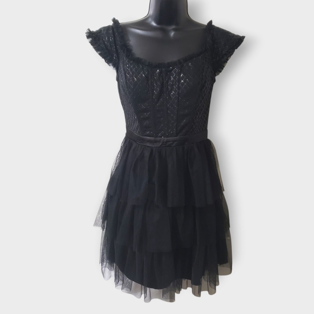 City Studio Black Sequin Corset Tulle Tiered Mini Dress Size 7/8 Gothic Fairy